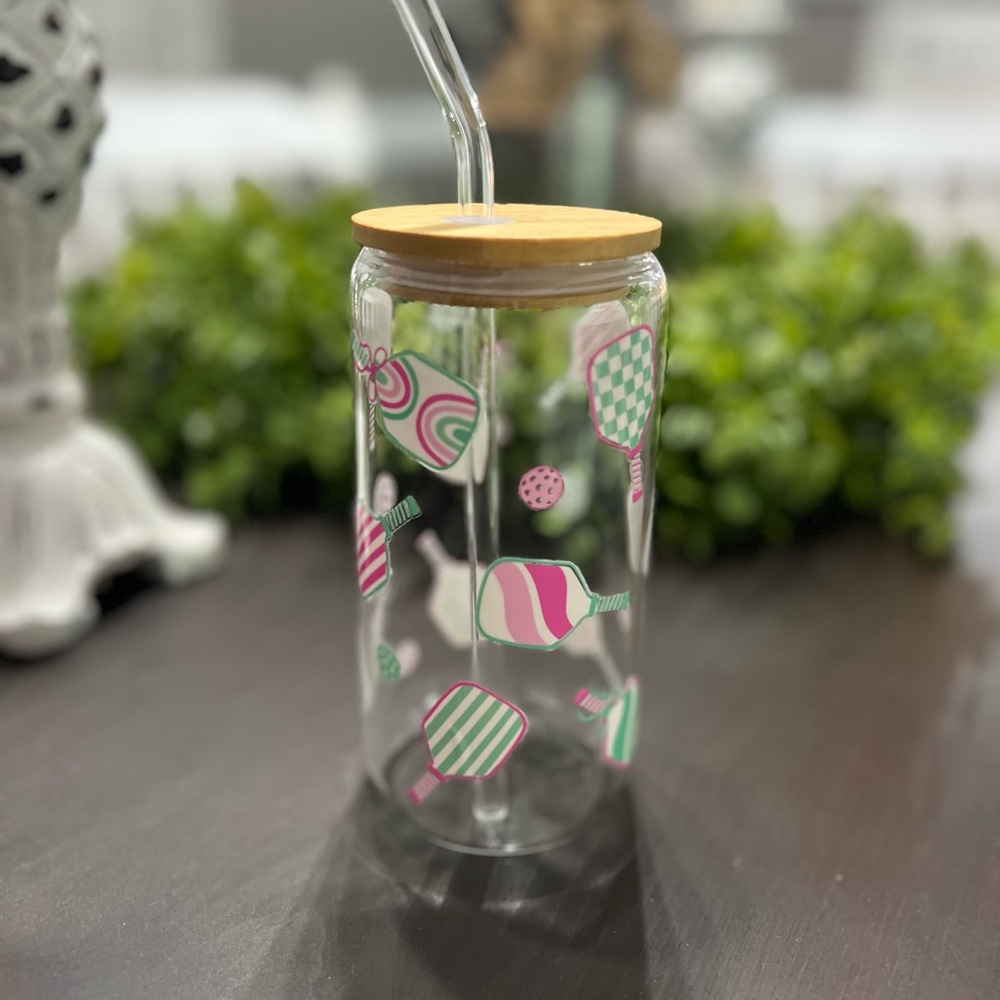 Glass Tumbler with Straw and Bamboo Lid - Pink and Green Pickleball Design